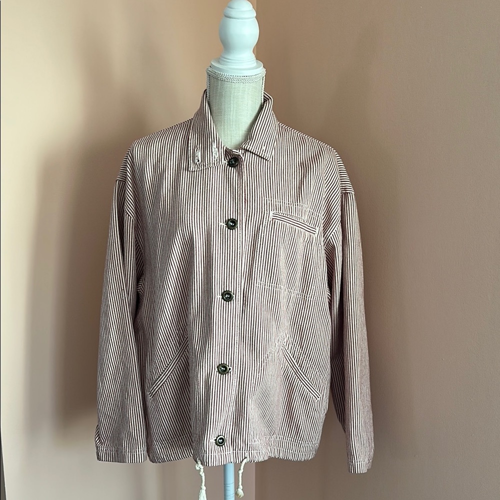 Jennifer Moore Red and Cream Utility Jacket Casual Style Fisherman Grandpacore